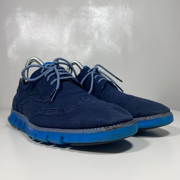 Cole Haan Men Shoes Zero Grand OS Wing Tip Lace Up Almond Toe Blue Sz 7 - Picture 1 of 16